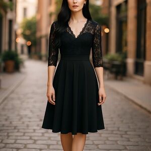 Elegant Black A-Line Lace Cocktail Evening Party Dress Size Large